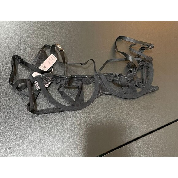 NWT Victoria's Secret Luxe Lingerie Sheer Cut-Out Strappy Balconet Bra Black 32B - Picture 2 of 5